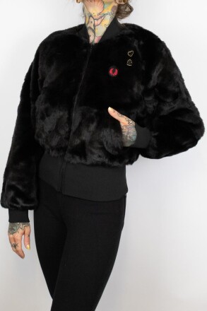 Fred Perry Ladies Amy Winehouse Faux Fur Jacket Heart Detail Black