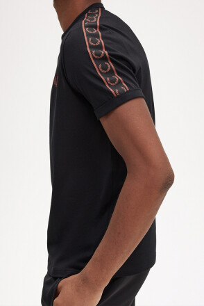 Fred Perry Ringer T-Shirt Contrast Tape Black Whiskey Brown