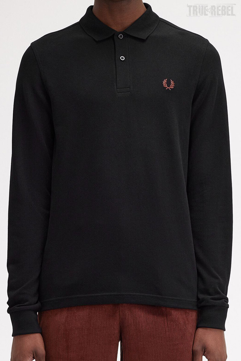 Fred Perry Longsleeve Polo Plain Black Whiskey Brown