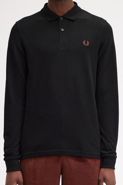 Fred Perry Longsleeve Polo Plain Black Whiskey Brown