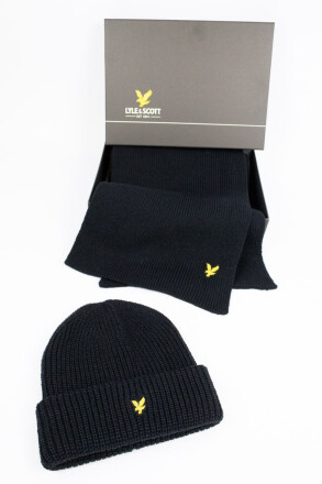 Lyle & Scott Beanie Hat Scarf Set Lambswool Mountain Moss Olive