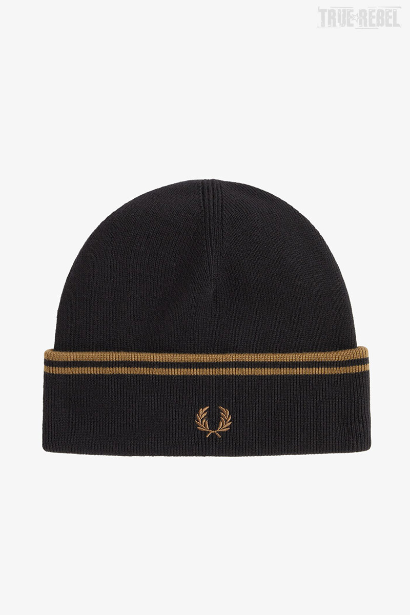 Fred Perry Twin Tipped Beanie Merino Wool Black Shaded Stone