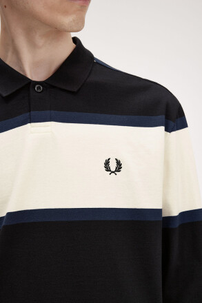 Fred Perry Striped Longsleeve Polo Shirt Ecru Black