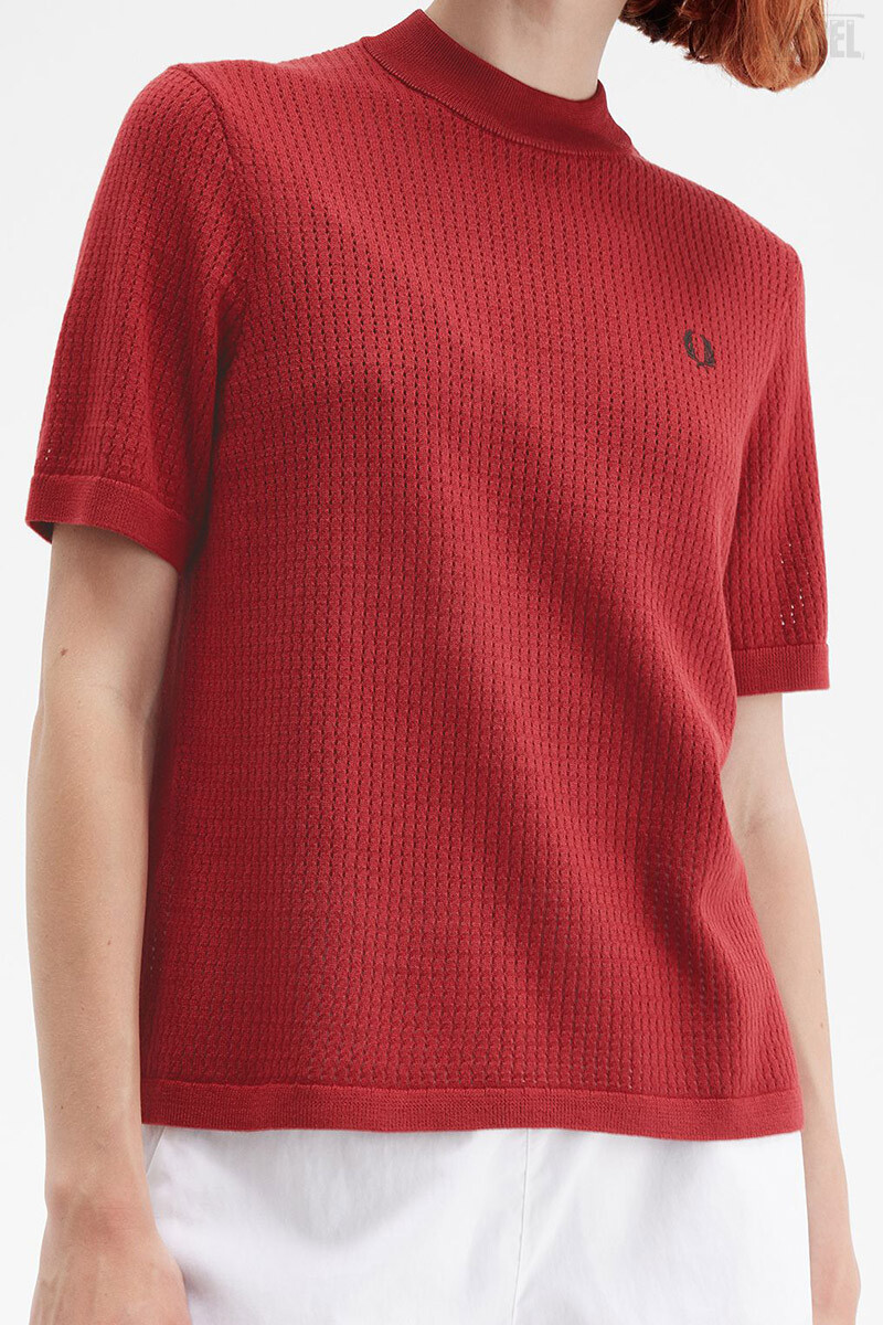 Fred Perry Ladies Pointelle Knitted T-Shirt Burnt Red