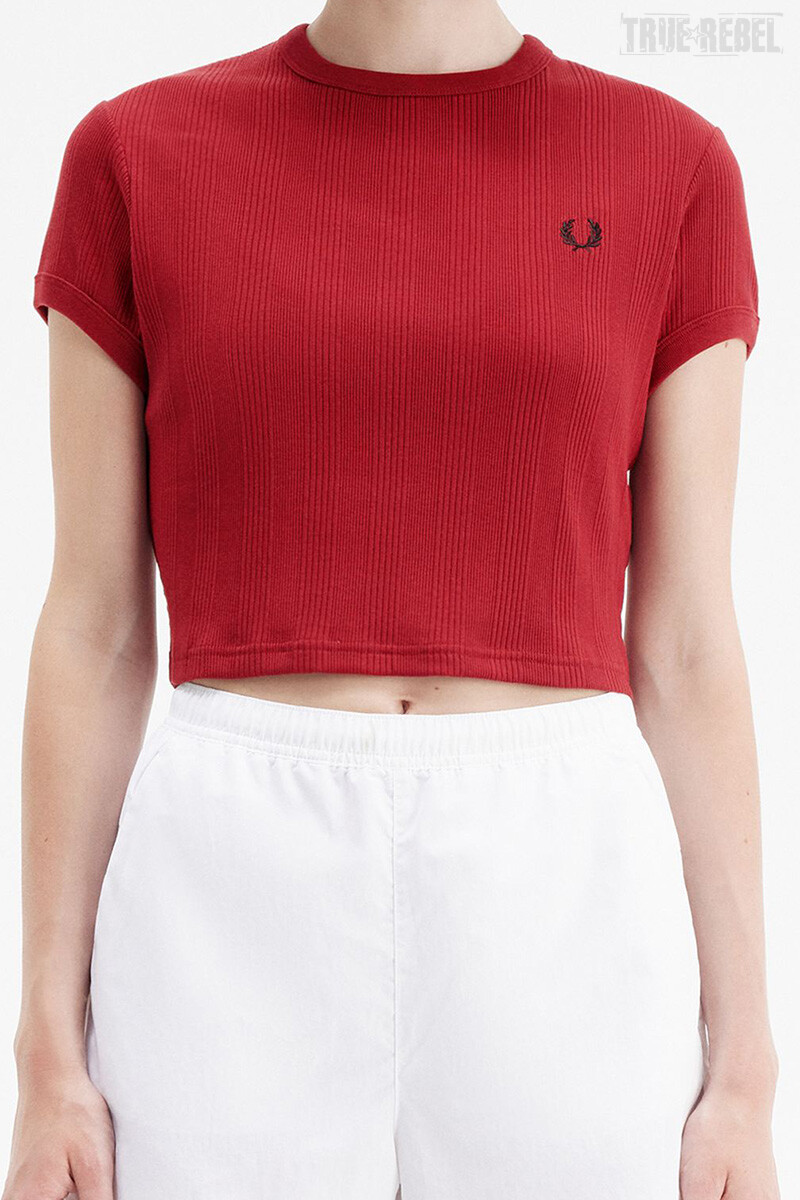 Fred Perry Ladies Cropped Ribbed T-Shirt Burnt Red