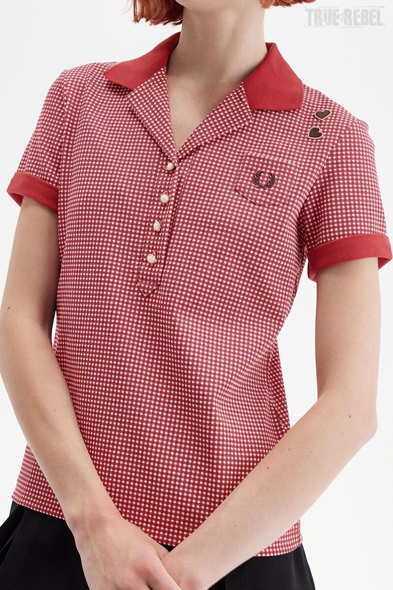 Fred Perry Amy Winehouse Ginham Print Polo Shirt Burnt Red