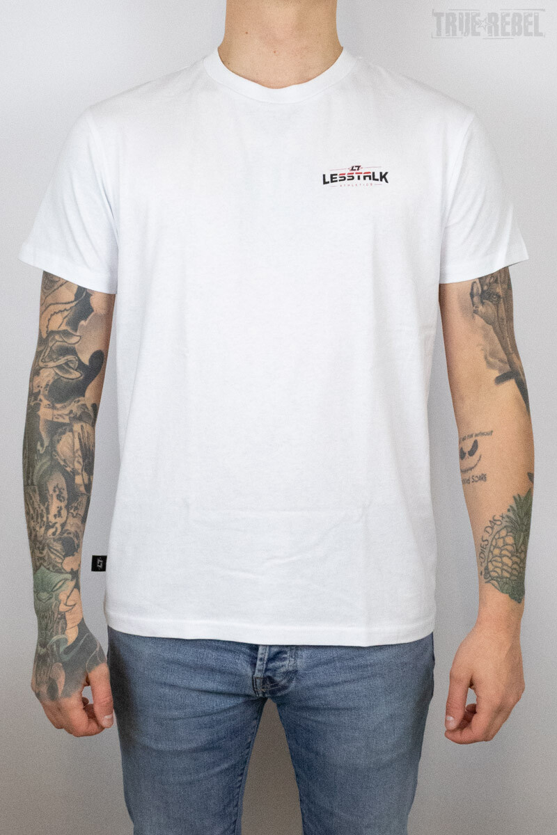 Less Talk T-Shirt Curved Logo Pocket Print White