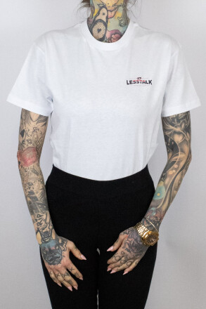 Less Talk T-Shirt Curved Logo Pocket Print White