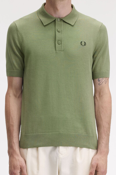 Fred Perry Cotton Knitted Polo Shirt Olive Mint