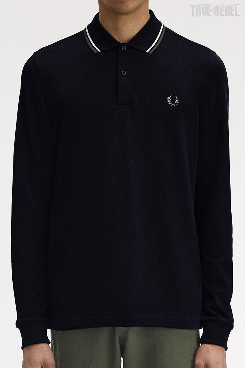 Fred Perry Twin Tipped Longsleeve Polo Shirt Black Ecru