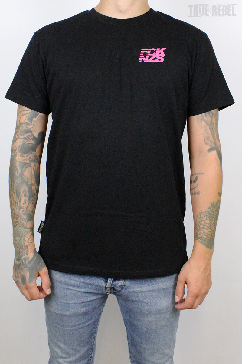 True Rebel T-Shirt FCK NZS Stripes Pocket Print Black Pink