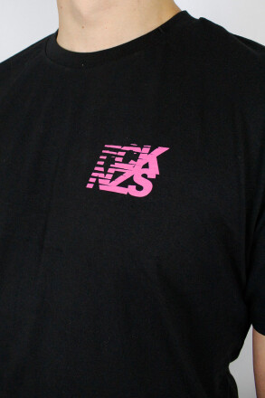 True Rebel T-Shirt FCK NZS Stripes Pocket Print Black Pink