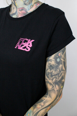 True Rebel T-Shirt FCK NZS Stripes Pocket Print Black Pink