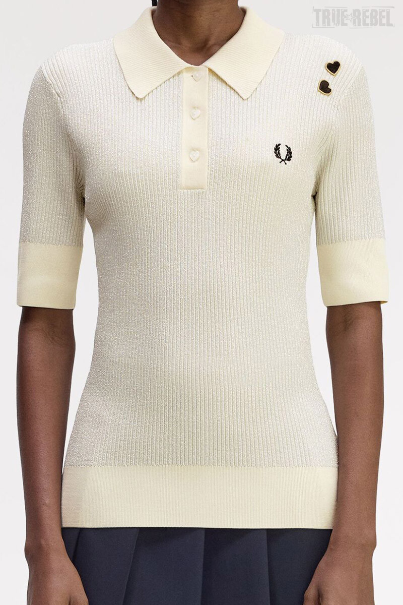 Fred Perry Amy Winehouse Metallic Rib Knit Polo Shirt Ecru