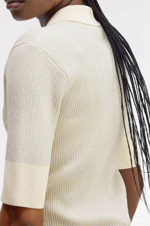 Fred Perry Amy Winehouse Metallic Rib Knit Polo Shirt Ecru