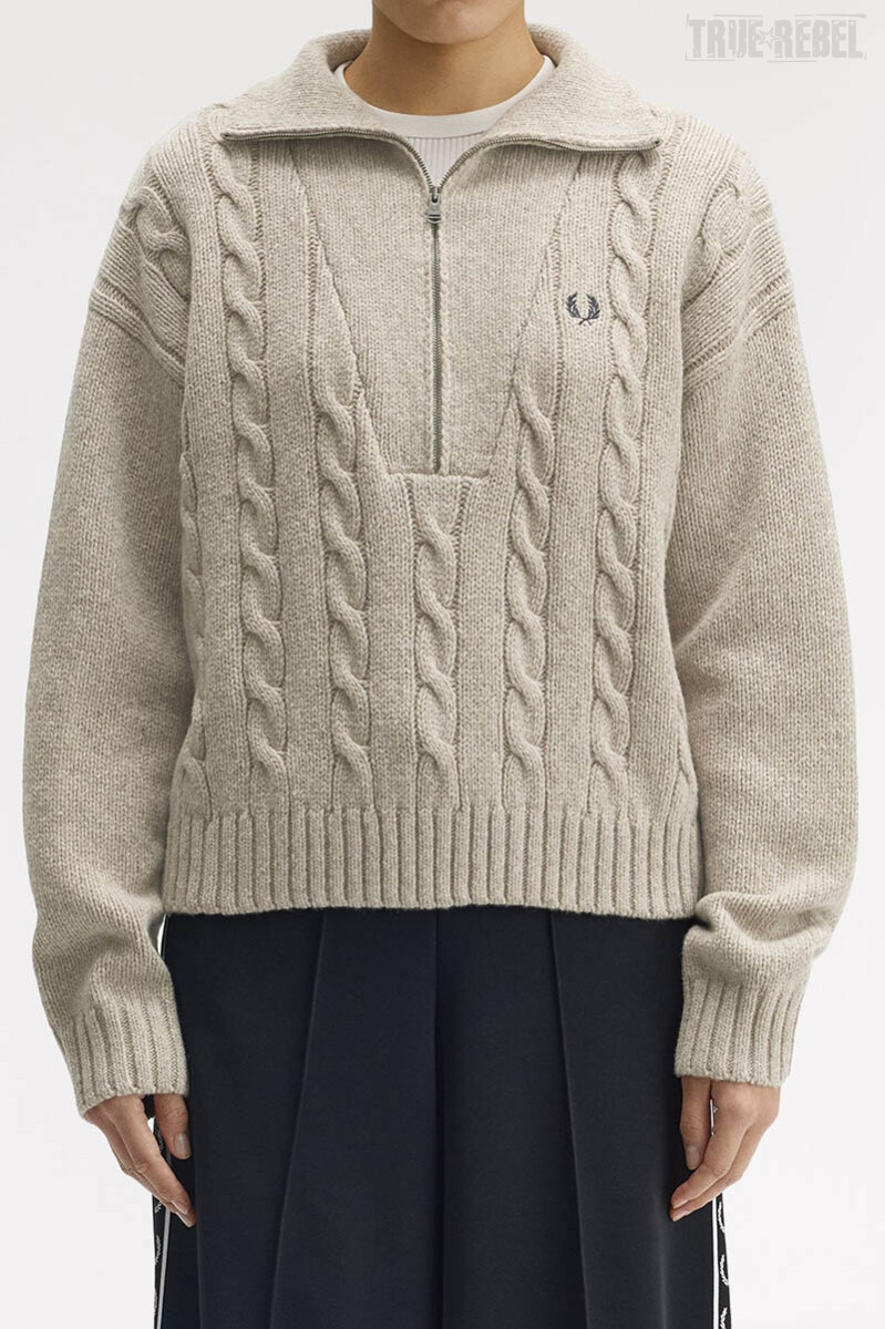 Fred Perry Ladies Half Zip Cable Knit Jumper Warm Oat Marl