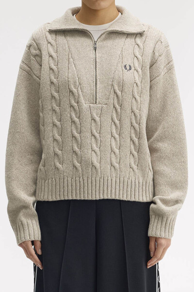 Fred Perry Ladies Half Zip Cable Knit Jumper Warm Oat Marl