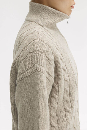 Fred Perry Ladies Half Zip Cable Knit Jumper Warm Oat Marl