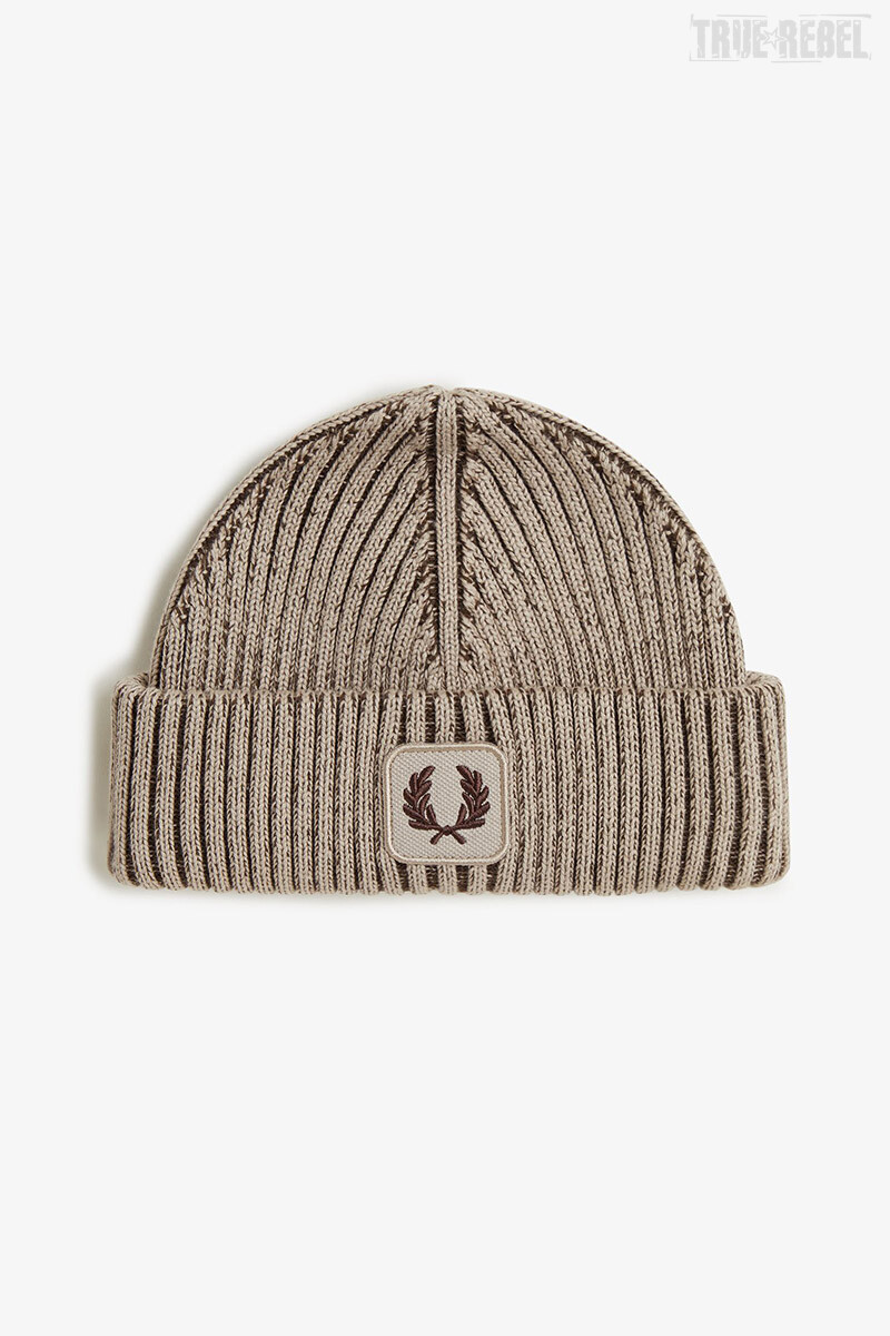 Fred Perry Cotton Ribbed Beanie Warm Oat Burnt Tobacco